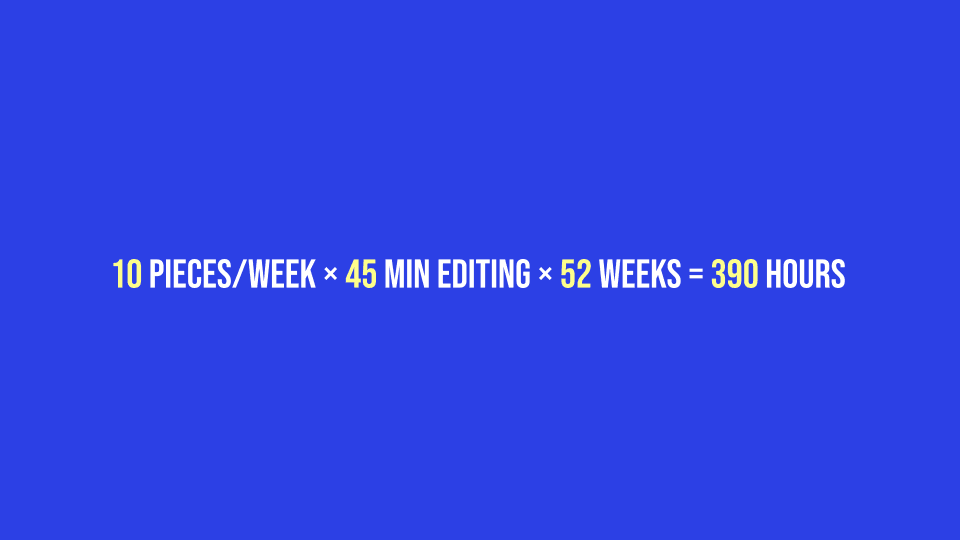 390 hours per year spent on repetitive voice editing — ten weeks of full-time work that never compounds into improvement
