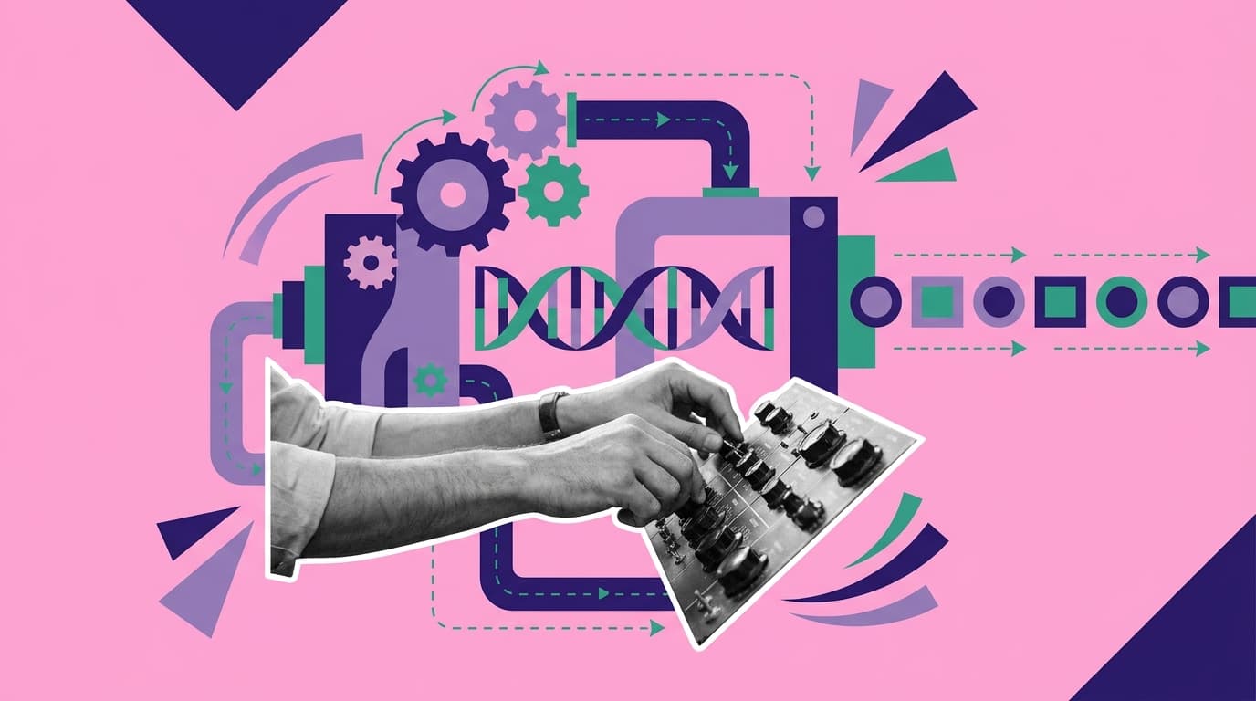 A hand tunes knobs on a console that drives a system of gears, DNA helices, and an output pipeline — the brand team curating a self-enforcing brand system instead of policing individual assets