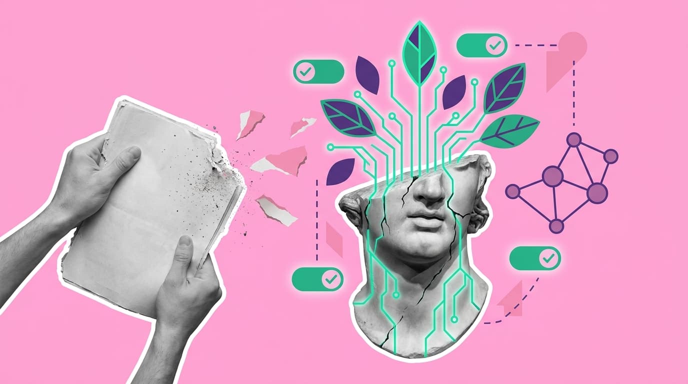 Crumbling stone tablet on the left contrasted with a brand identity that grows into a living, circuit-board system on the right — the shift from static guideline to living brand infrastructure