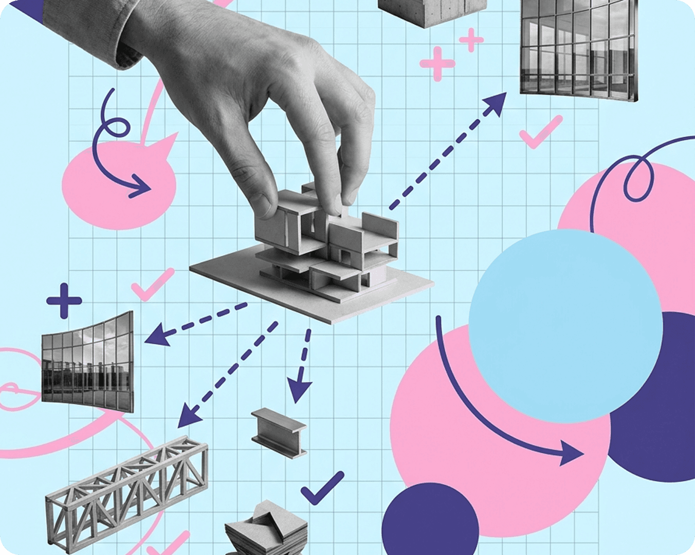 Hand placing wooden blocks on a grid with arrows pointing to stadium photos and gears — illustrating multi-market launch assembly
