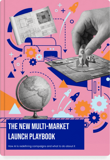 The New Multi-Market Launch Playbook ebook cover — pink illustrated collage with globe, launch motifs and assembly imagery