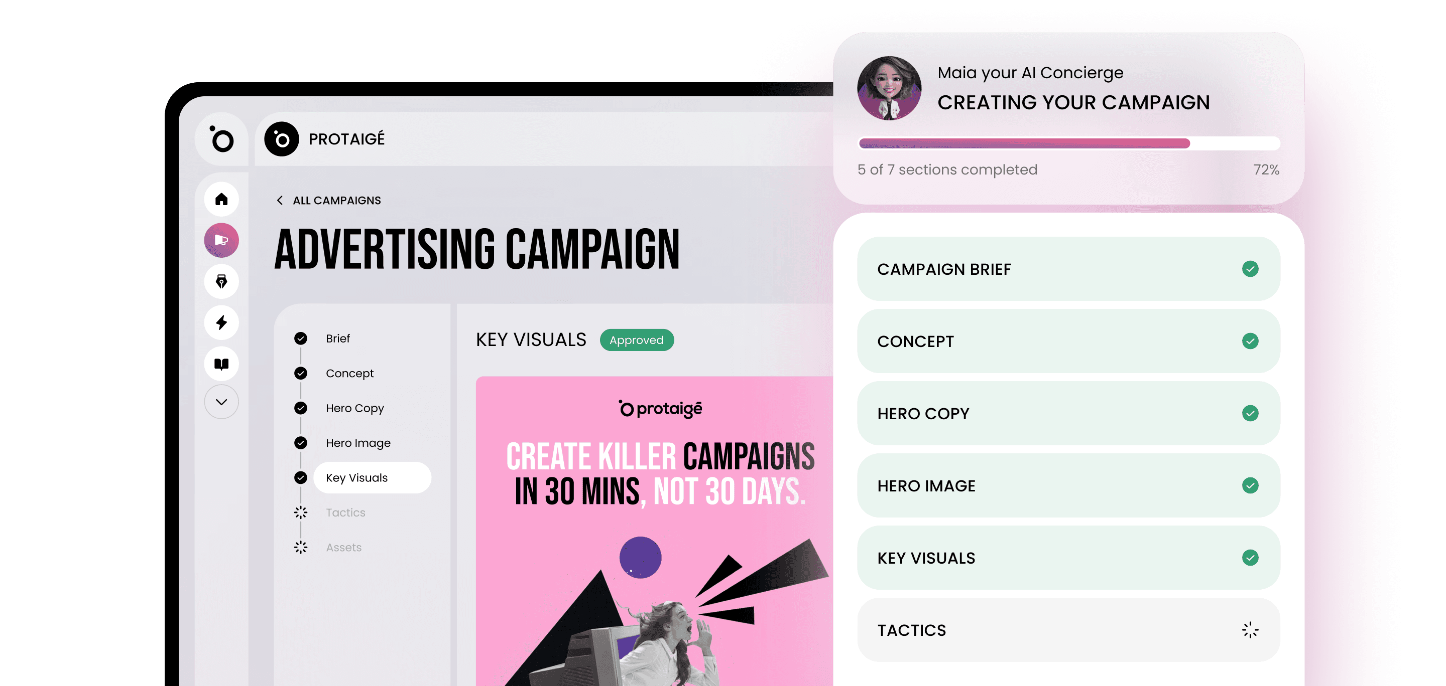 Protaigé app mockup — sidebar, navbar, chat overlay, and product canvas