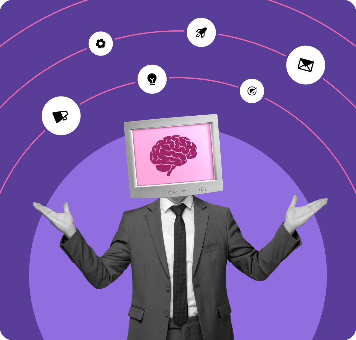 Protaigé for agencies — purple panel with floating tool icons (rocket, lightbulb, envelope, megaphone, target, gear)