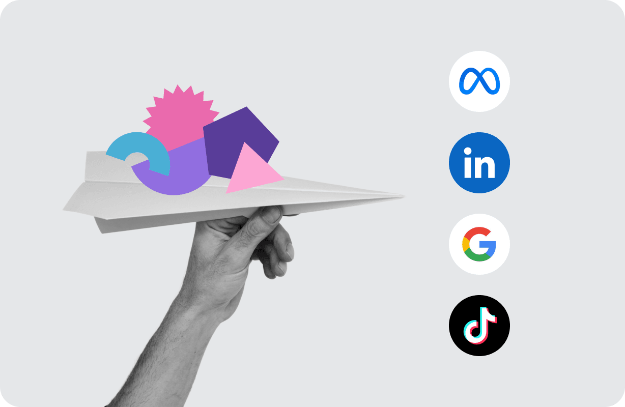 Stacked Meta, LinkedIn, Google and TikTok logos with a creative-refresh chart