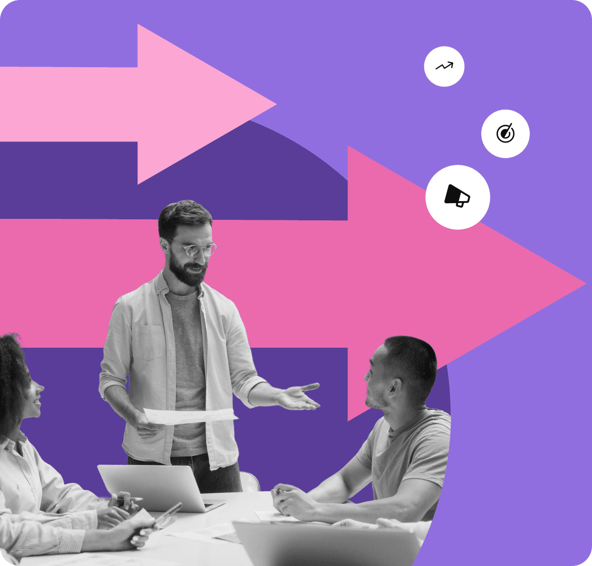 Protaigé for enterprises — purple panel with floating Target, Megaphone and TrendUp icons