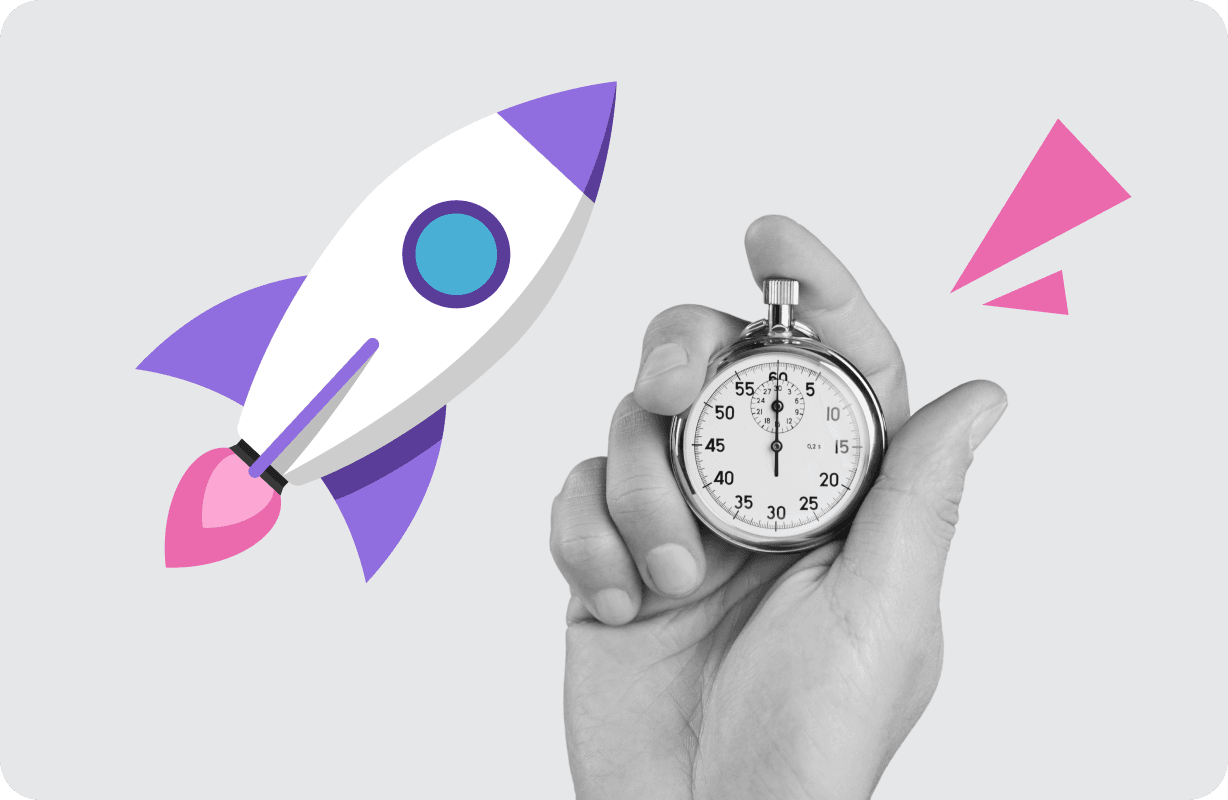 Stopwatch illustration with geometric shapes representing fast launch motion