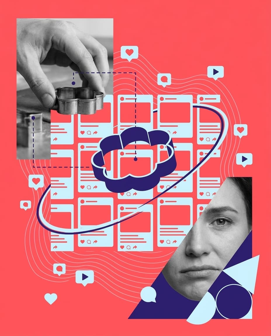 A cookie cutter above a grid of identical social media posts