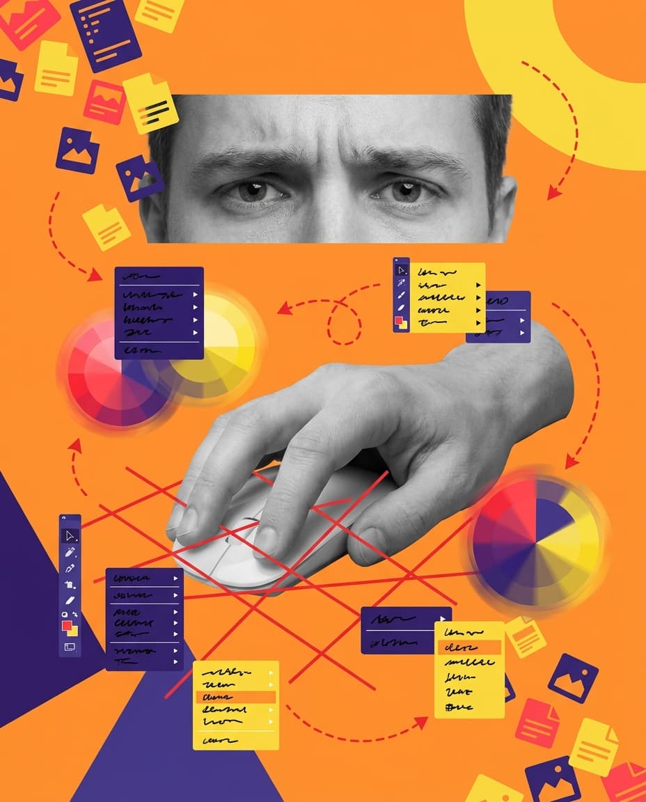A frowning user with a hand on a mouse, tangled in design tool menus and colour wheels