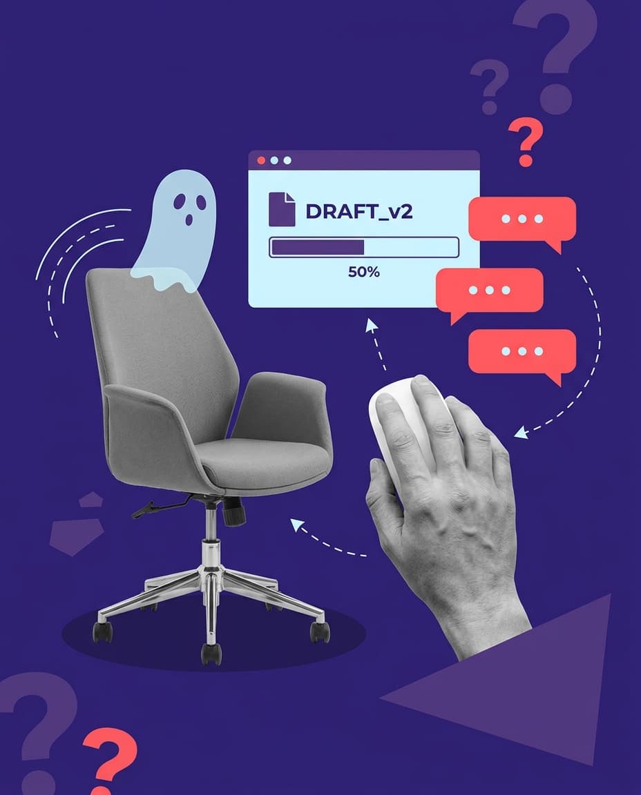 A ghost leaving an empty office chair next to a draft stuck at 50%
