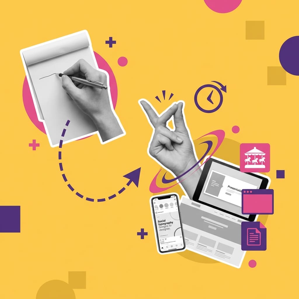 A written brief turning into a social post, presentation, landing page, and other finished designs
