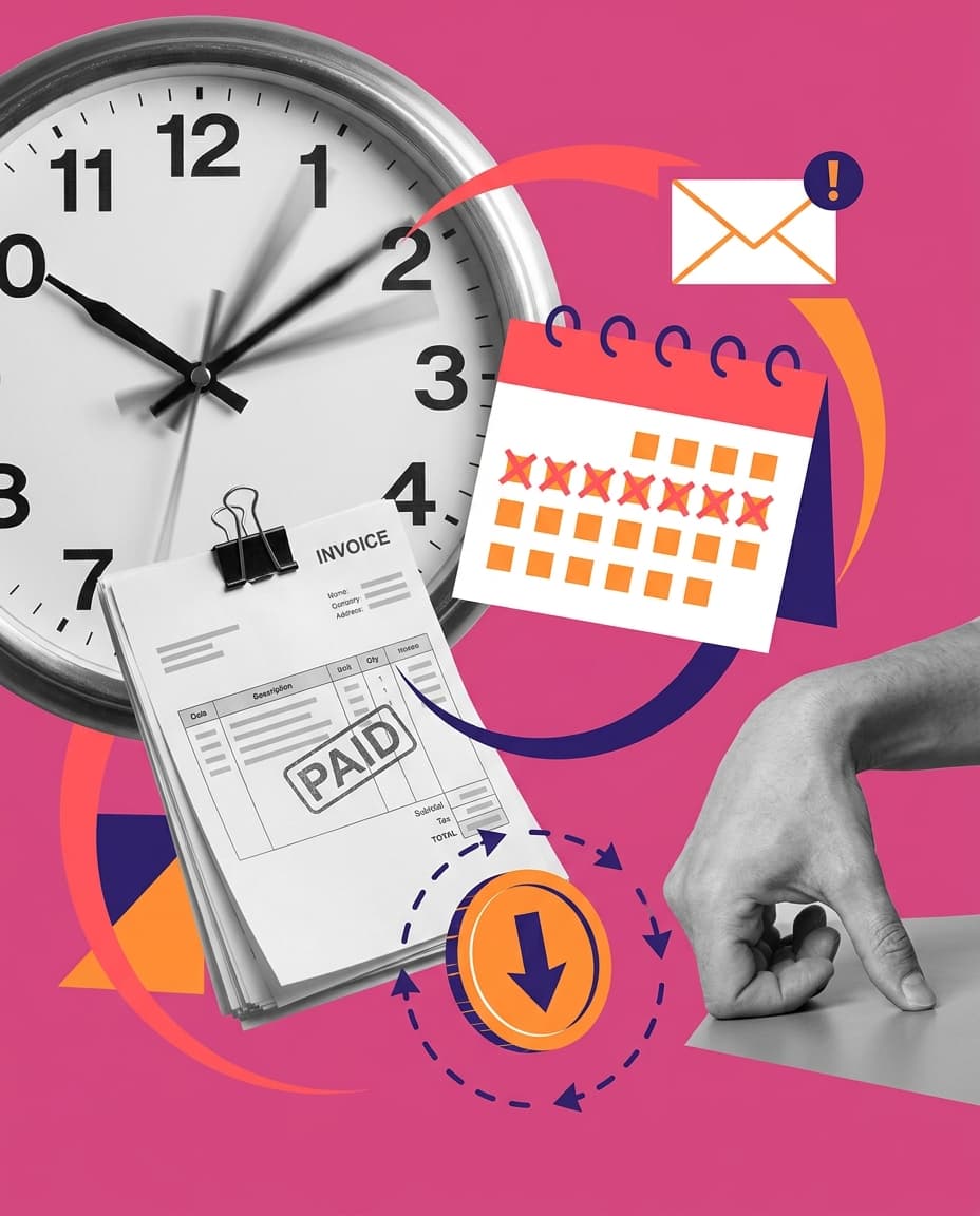A fast-moving clock, a calendar with days crossed off, and a paid invoice