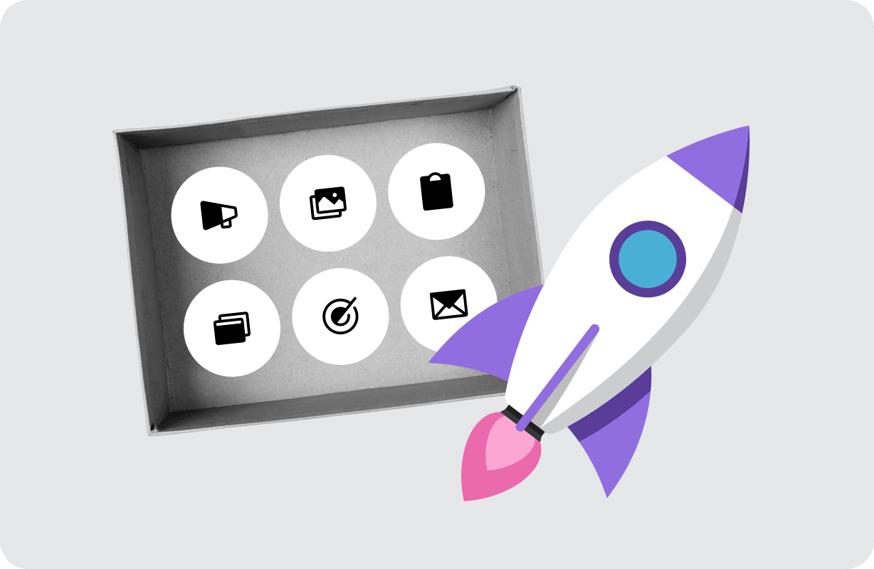 Open cardboard box with channel icons floating: megaphone, gallery, clipboard, browser, target, envelope